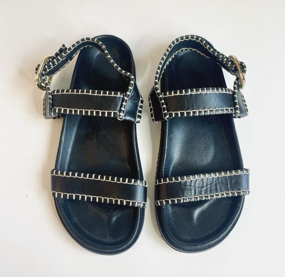 FRAME Leather Sandals Womens 8.5 Black Whipstitch Gold Buckle Good Condition